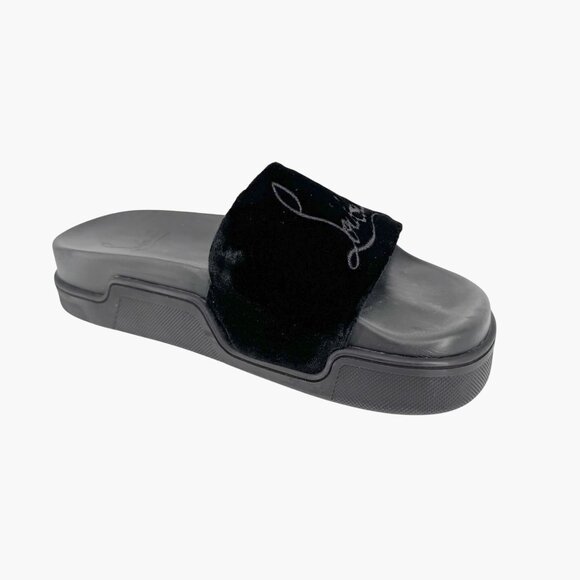 Christian Louboutin 'Navy Pool' Slide Sandals Size 37 US 7 Black Velvet Logo 30 - Picture 11 of 12